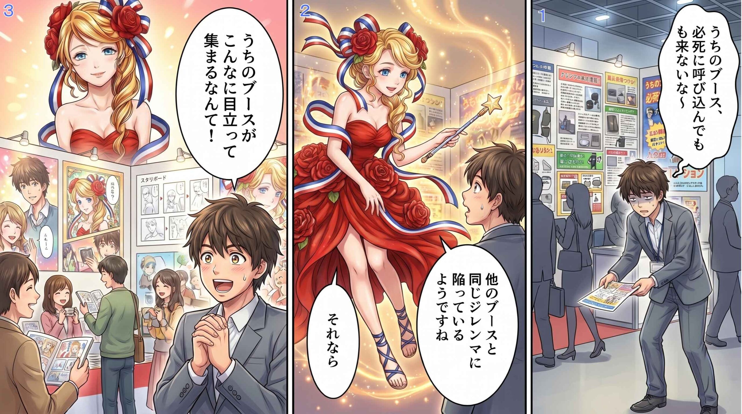 3コマ漫画 ブースに人が集まる