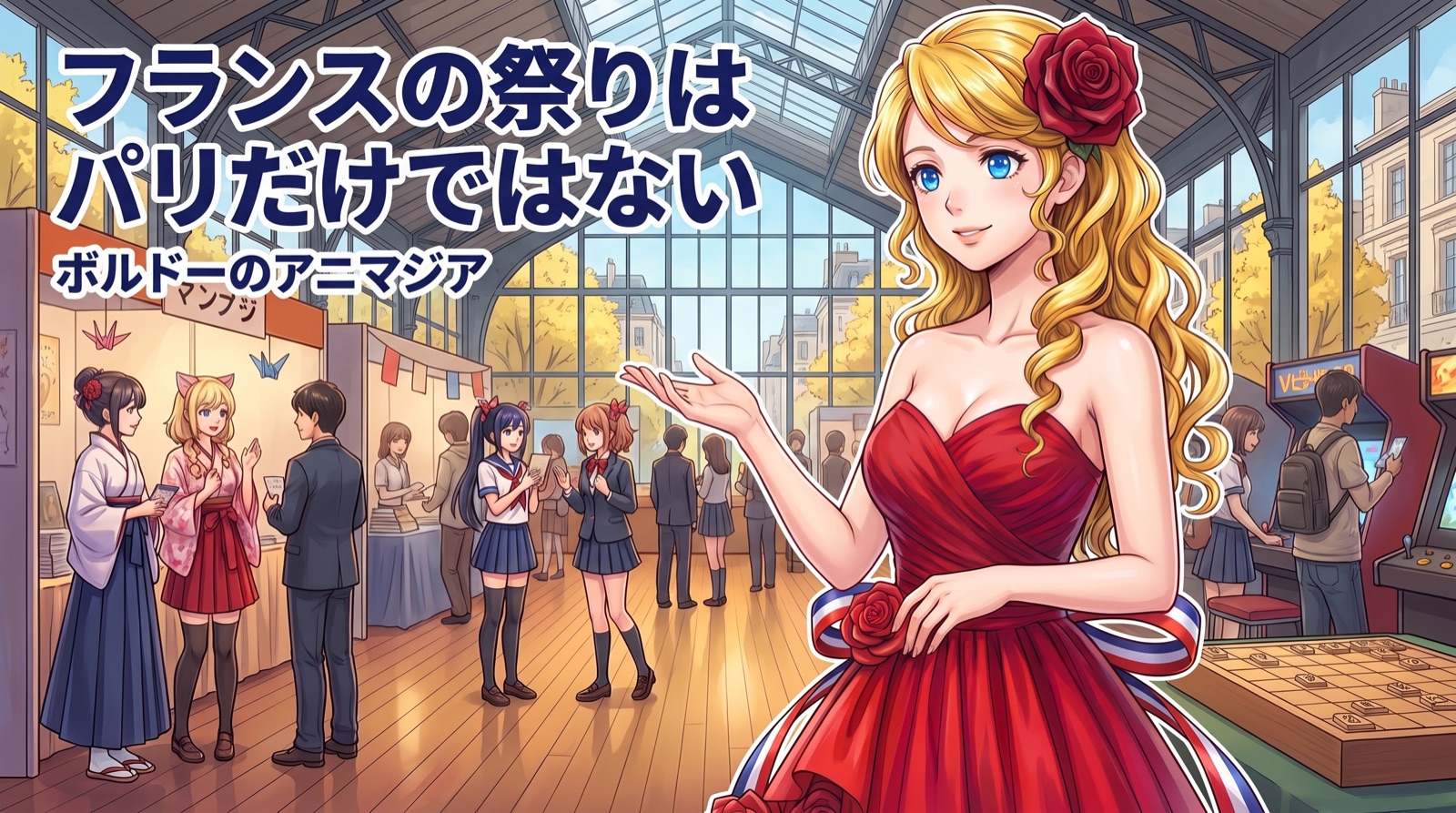 展示ホールの通路に立つアマンディーヌ。フランスの祭りはパリだけではない、ボルドーのアニマジア。