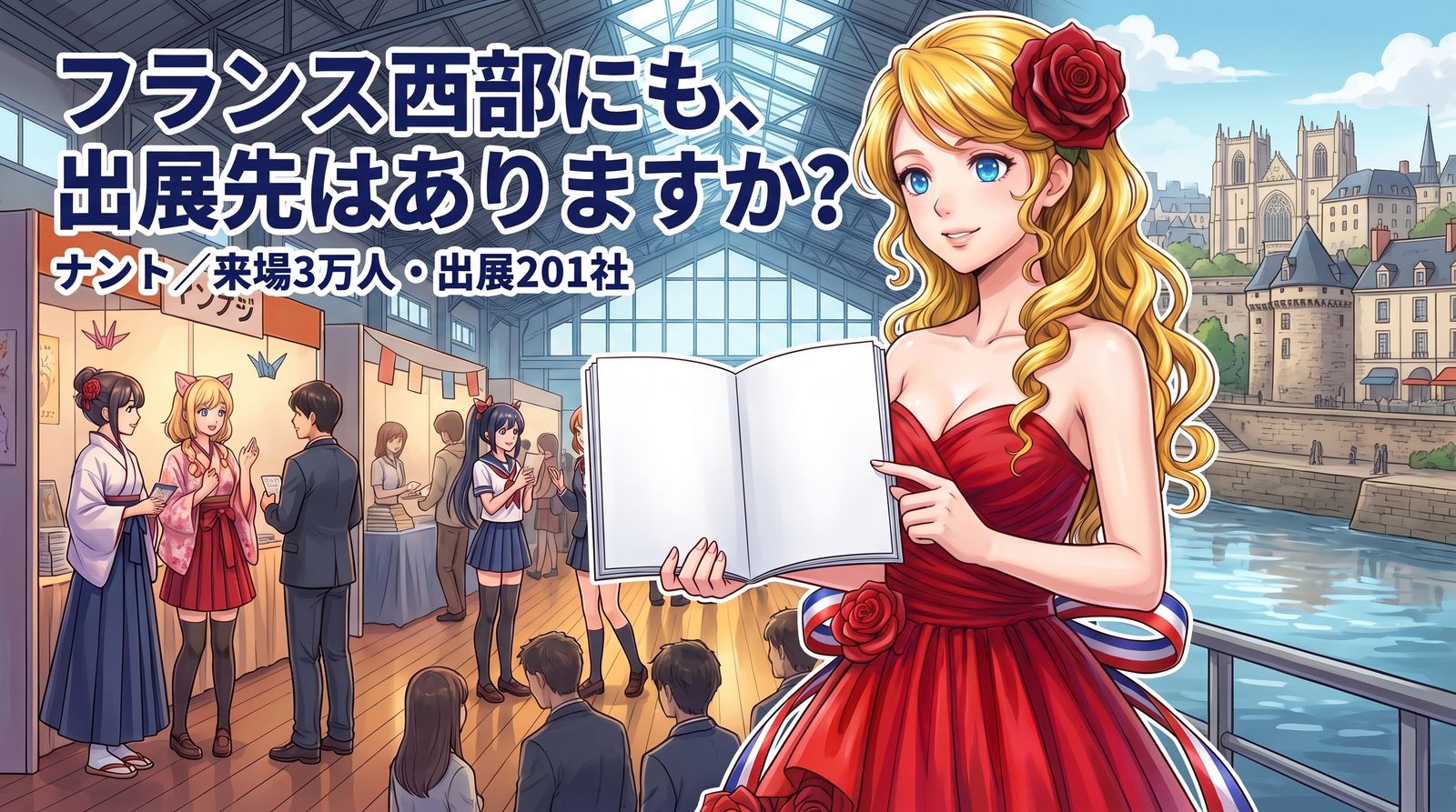 ナントの見本市会場に立つアマンディーヌ。フランス西部にも、出展先はありますか?ナントは来場3万人・出展201社です。