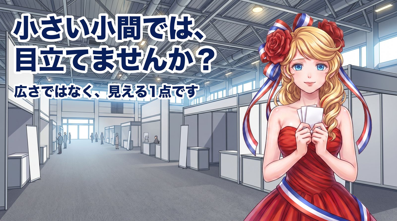 展示会ホールの通路に立つアマンディーヌ。小さい小間では、目立てませんか?広さではなく、見える1点です。