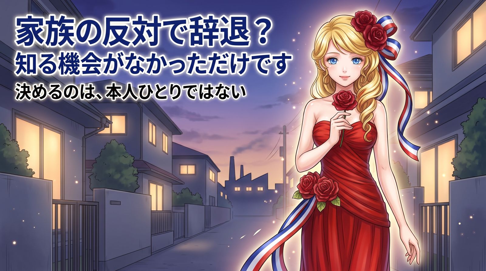 日暮れの住宅街の路地で、灯りのともる家々を背に深紅の薔薇を一輪差し出すアマンディーヌ。家族の反対で辞退?知る機会がなかっただけです。