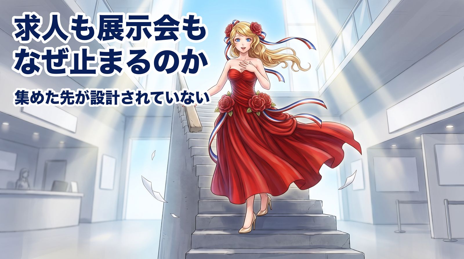 吹き抜けの階段を降りてきて、左奥には受付に並ぶ列、右奥には展示ブースの区画が見える広間で、胸に手を当ててはっと思い当たるアマンディーヌ。求人サイトも展示会も、なぜ同じところで止まるのか。どちらも集めるところで設計が終わっているからです。
