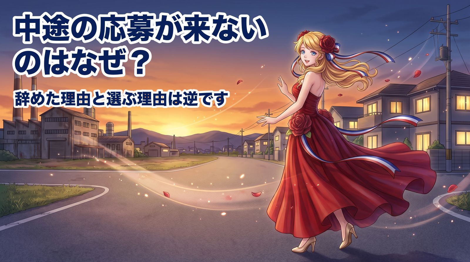 夕暮れの町はずれで二手に分かれる道の分岐点に立ち、工場の並ぶ来た道を手で示しながら、住宅の灯りがともる先へ半歩踏み出して氣づくアマンディーヌ。中途の応募が来ないのはなぜ。辞めた理由と選ぶ理由は逆です。
