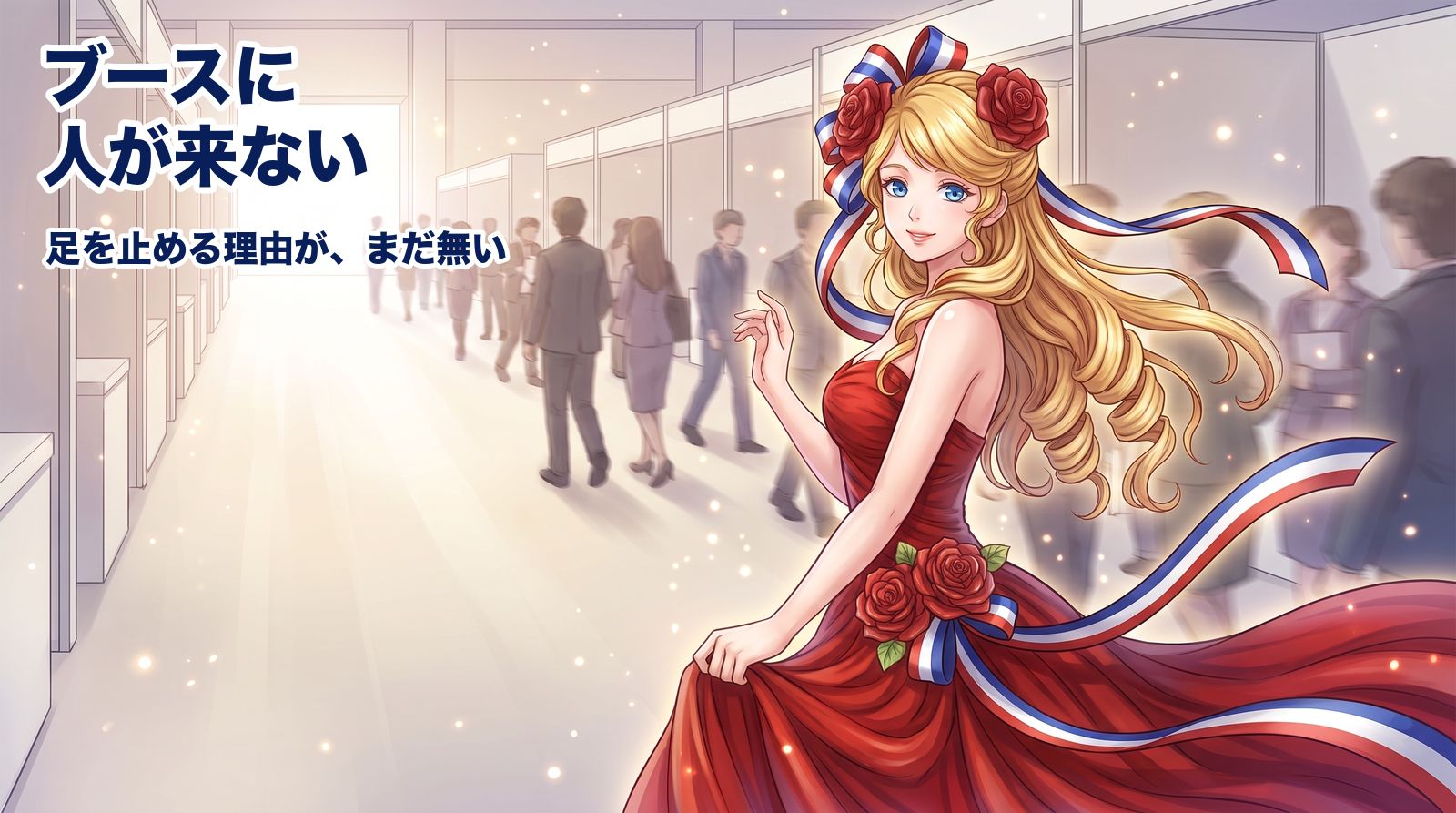 合同説明会の会場の通路。スーツの来場者が次々と通り過ぎていく中で、ひとりだけ足を止めている。立ち寄られないのは興味が無いからではなく、足を止める理由がまだ無いからです