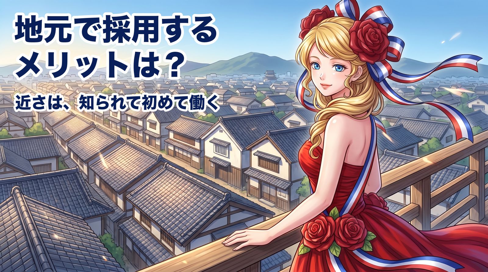 朝の富田林・寺内町の古い町並みで、通学・通勤する地元の人たちを背にこちらを見ているところ。地元で採用するメリットは、近さが会社と働く人の両方に効くことです