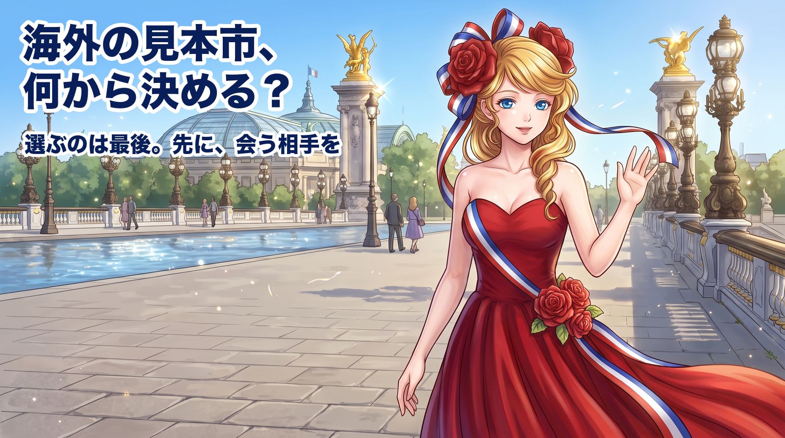 晴れた朝のパリ、アレクサンドル3世橋の上で、会いに来た相手を見つけて手を振るところ。海外の見本市は、会う相手を先に決めます