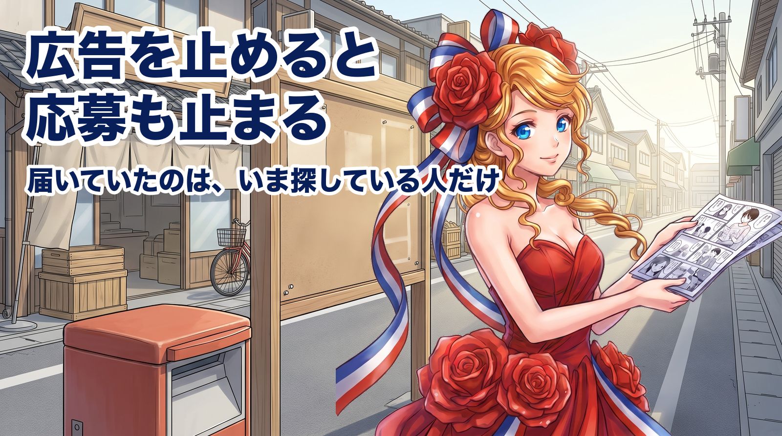 貼り紙が1枚も残っていない空の掲示板の前で、手にはマンガの冊子を1部だけ持ち、家に残るのはこちらだったのねと思い当たるアマンディーヌ。求人広告を止めた月に応募もゼロに戻るのはなぜか。広告はいま探している人にしか届いていないからです。
