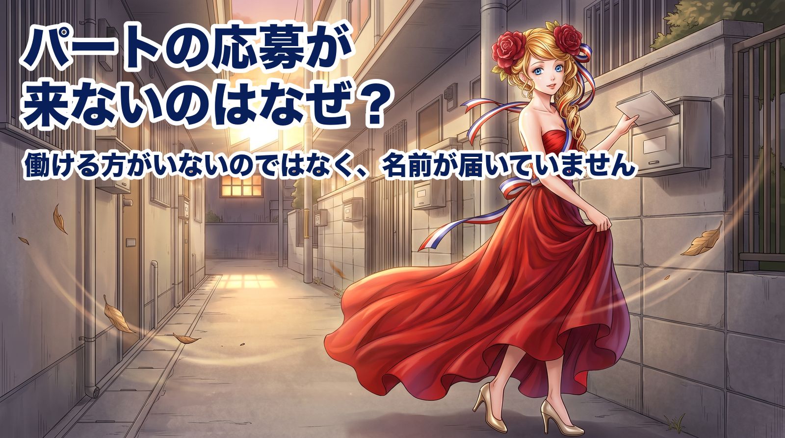 夕暮れの住宅街の路地で、家々の郵便受けのひとつに無地の冊子を差し入れようとして手を止め、こちらを見るアマンディーヌ。パートの応募が来ないのは、働ける方がいないからではなく、通える範囲の方に名前が届いていないから。