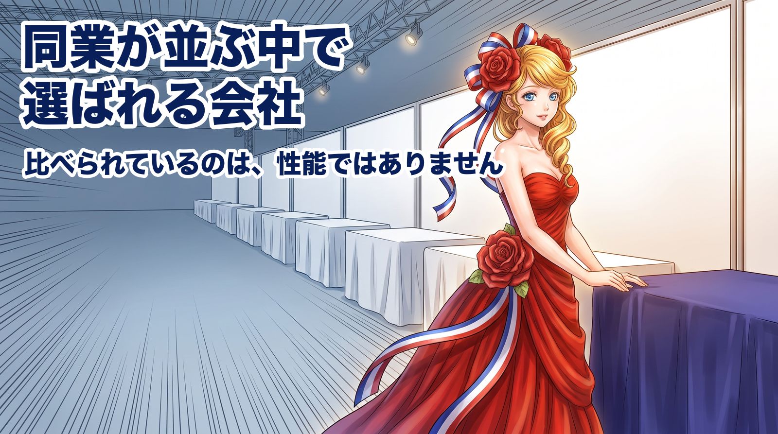 同じ形の白い台がずらりと並ぶ展示会の通路で、手前の一台だけ紺色の布が掛かった台に手を置いて足を止めるアマンディーヌ。同業が並ぶ中で選ばれる会社。比べられているのは、性能ではありません。