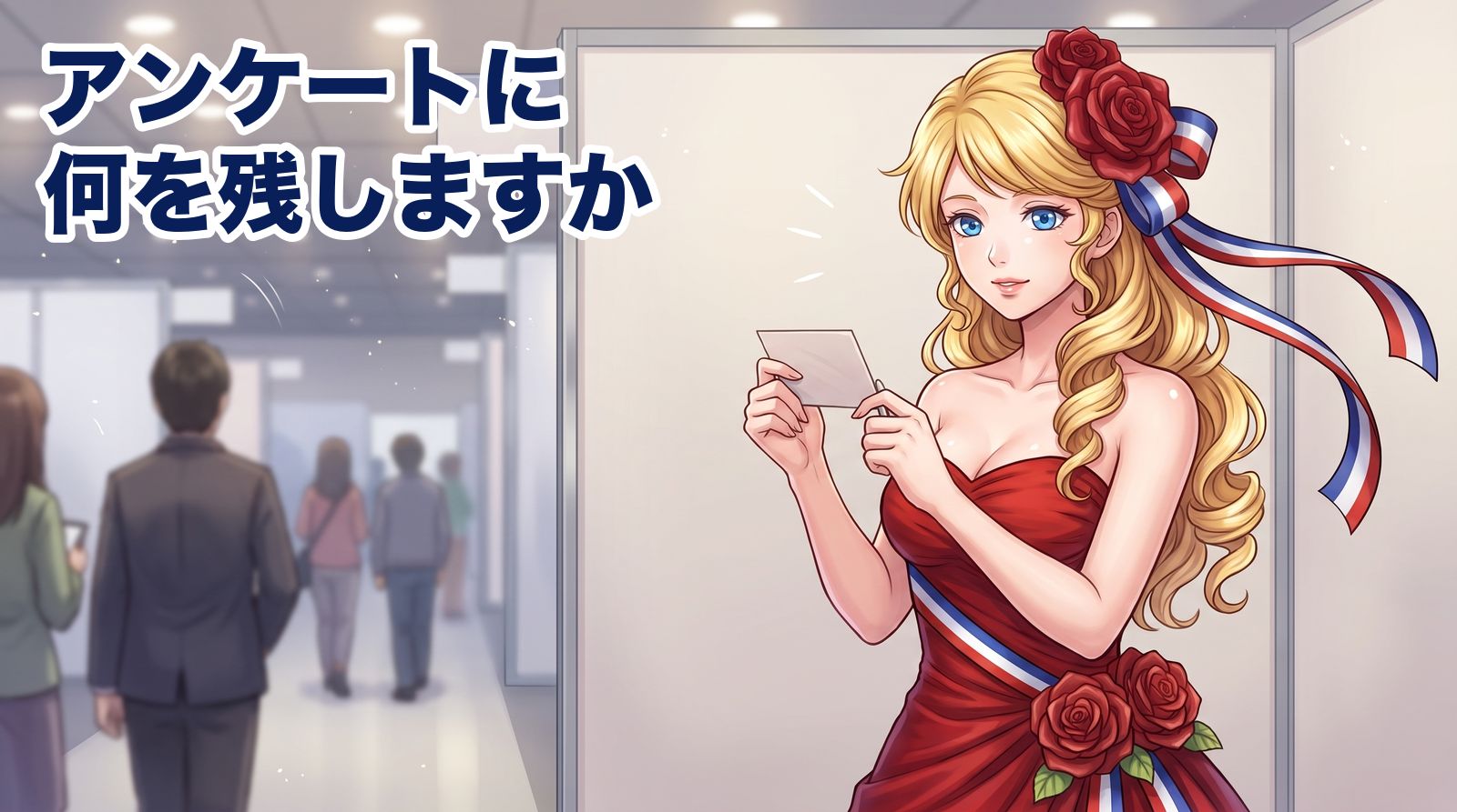 展示会のブースで、来場者を見送った直後に小さなカードへ一行を書き足そうとして手を止めるアマンディーヌ。アンケートに残すのは属性ではなく、その場で何に反応されたかです。