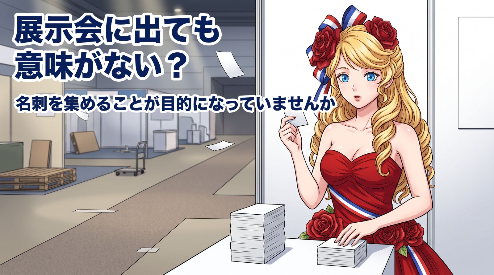 撤収の始まった展示ホールで、積み上がった無地の名刺の束に手を添え、1枚だけ手に持つアマンディーヌ