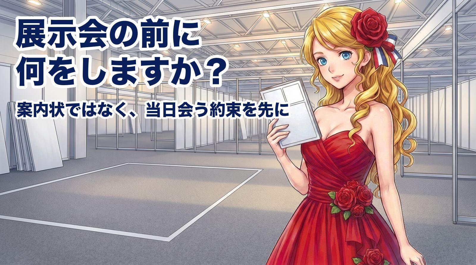 開催前でまだ何も置かれていない展示会場の区画の前で、一行も書かれていない白紙の板を掲げるアマンディーヌ。展示会の事前集客は何をすればいいですか。案内状ではなく、当日会う約束を先に取ります。