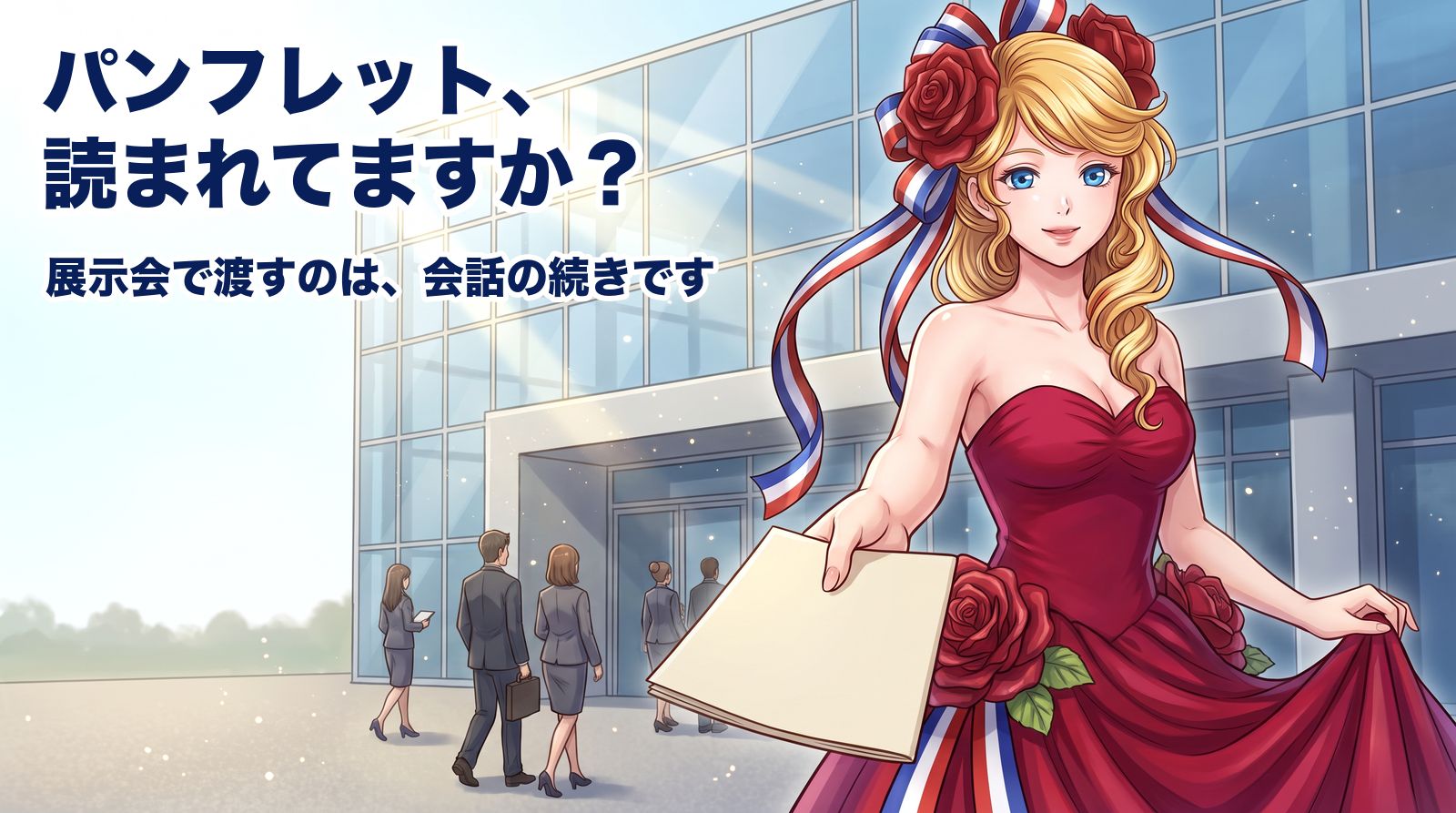 朝の展示会場の入口前で、アマンディーヌが無地のパンフレットをこちらへ手渡しているところ。展示会で渡すパンフレットは、会社案内ではなく会話の続きです