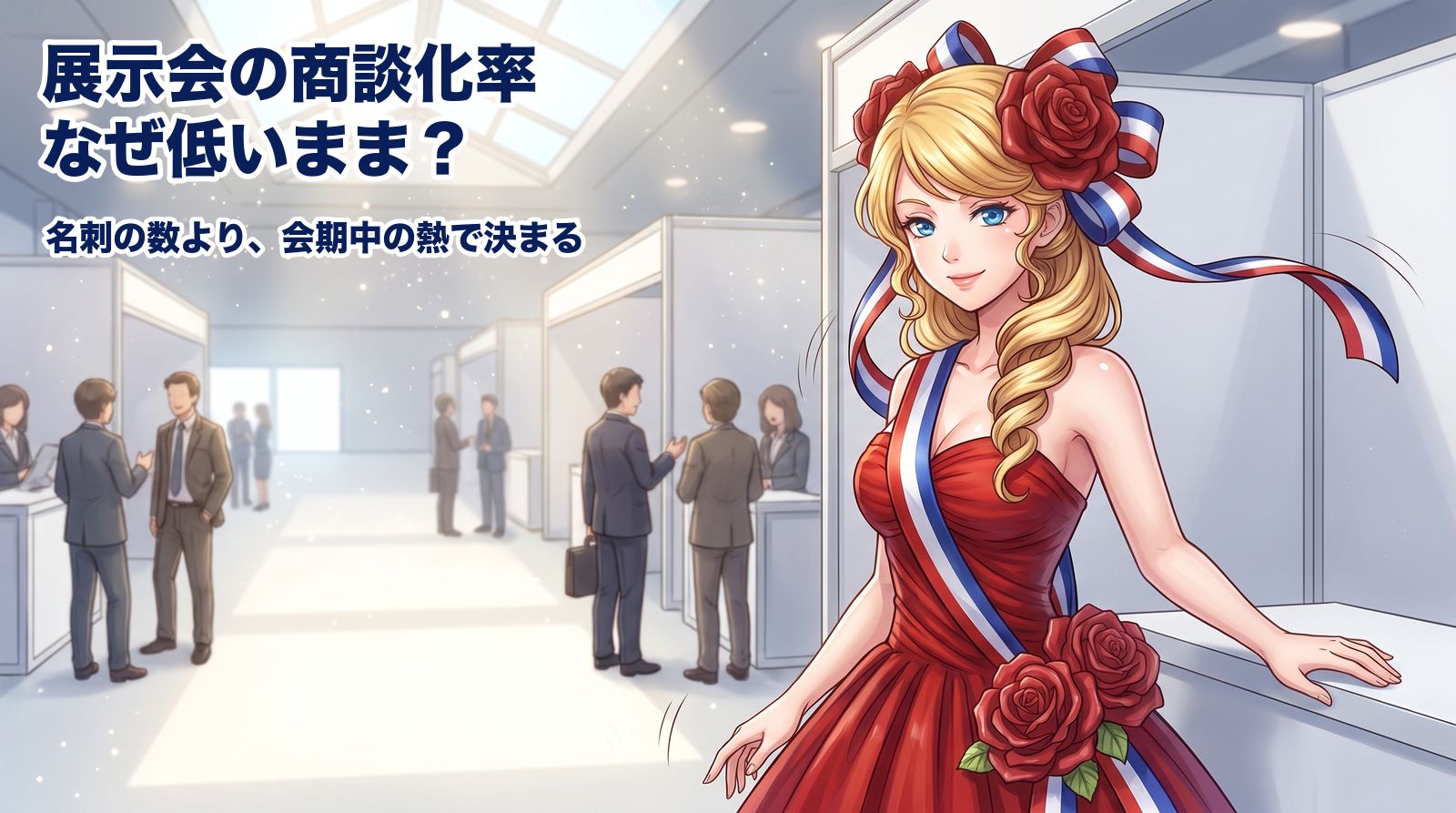 展示会の会場で、ブースの前に立ち止まった来場者と話が弾んでいるところ。商談化率は、名刺を集めたあとではなく、会期中の熱で決まっています