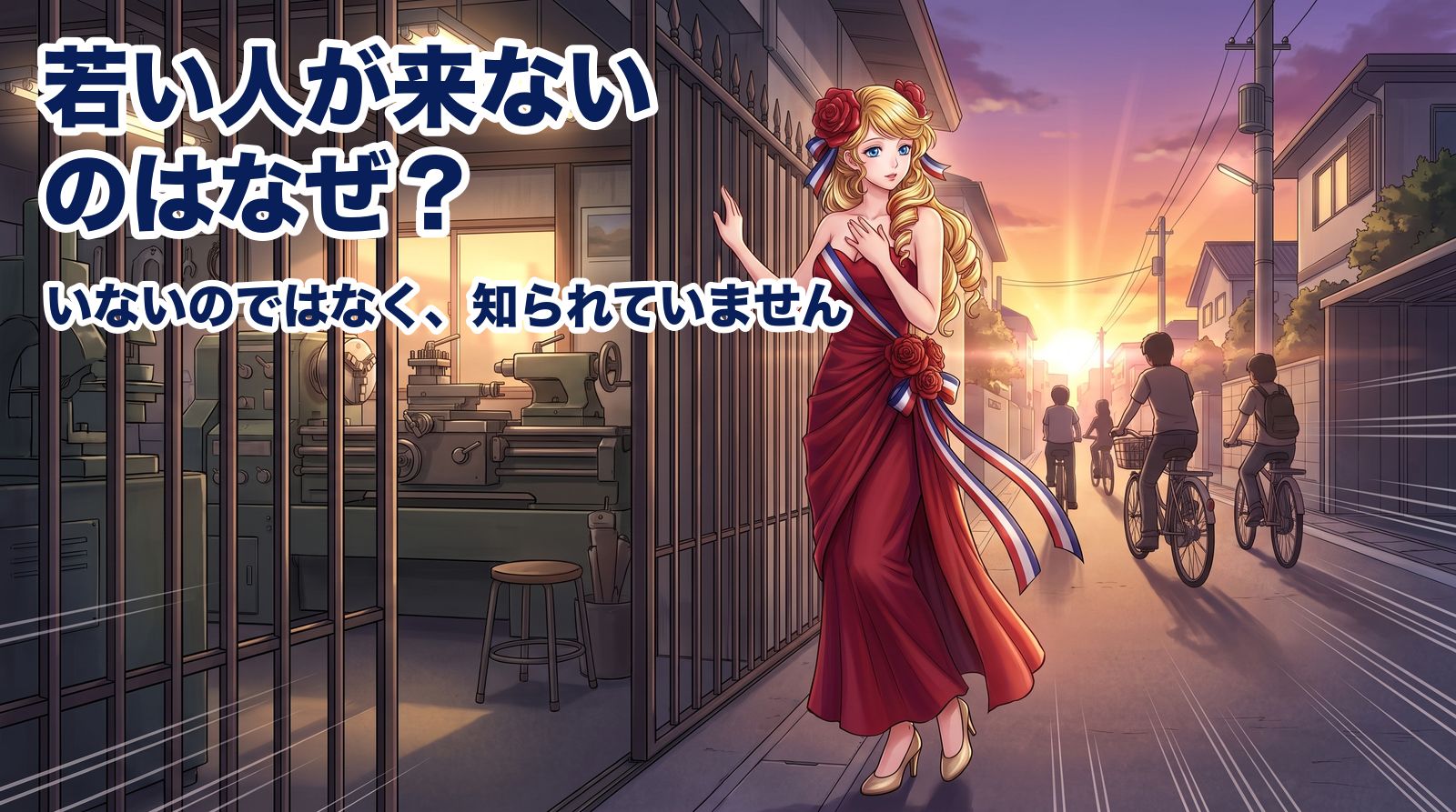 夕暮れの町工場の開いた門の柵にそっと手を添え、外の道を自転車で通り過ぎていく若い人たちに氣づいて目を見ひらくアマンディーヌ。若い人が来ないのはなぜ。いないのではなく、知られていません。