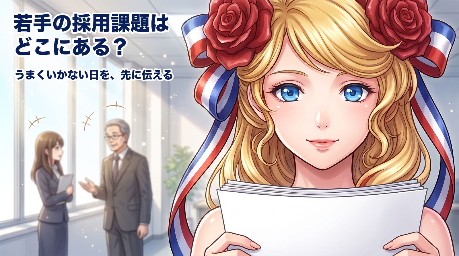朝の川沿いの道で、通勤する若い人たちを背にこちらを見ているところ。若手の採用課題は、若い方の不安に先に答えていないことです
