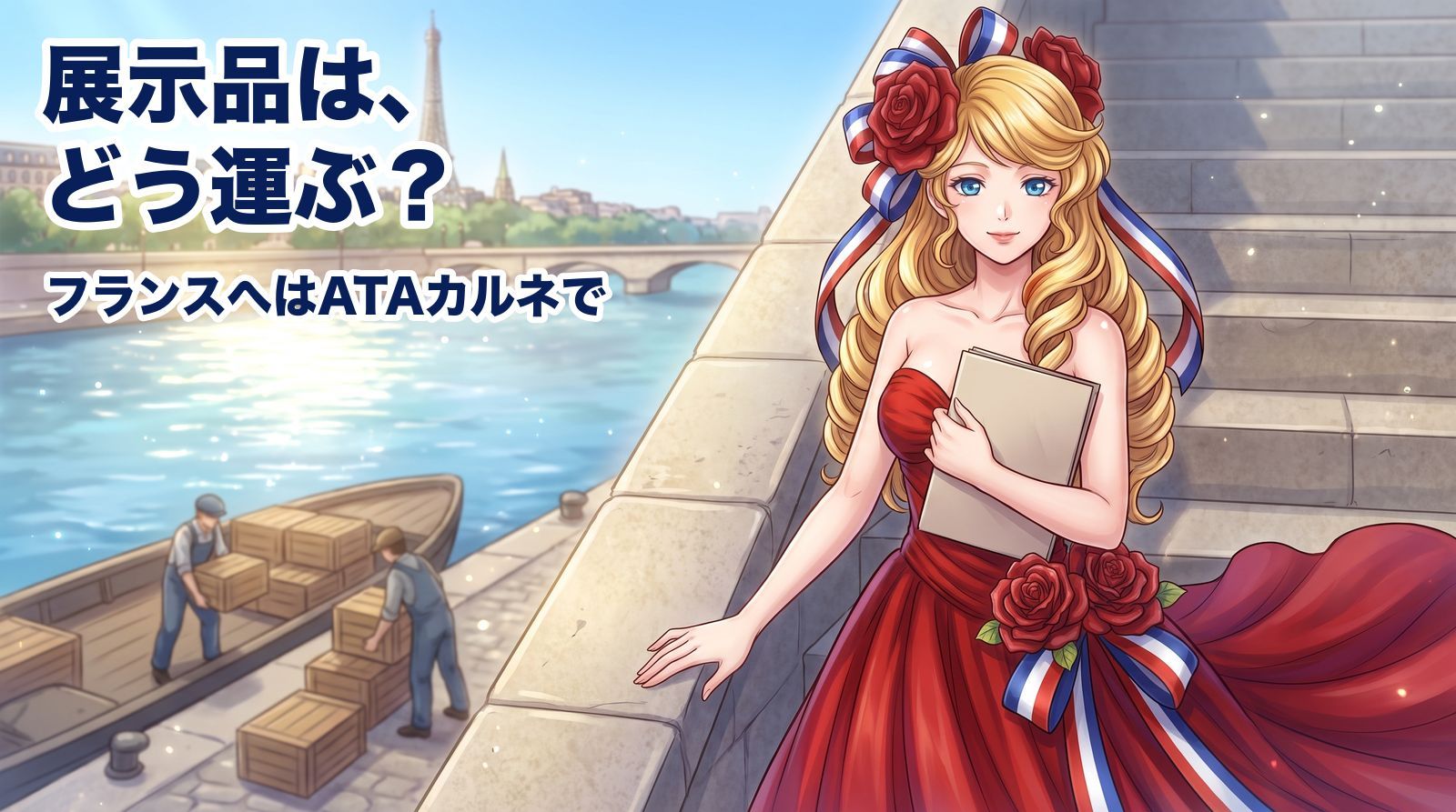 展示品は、どう運ぶ？フランスへはATAカルネで。セーヌ河岸で木箱が荷船に積まれる朝、書類を抱えて階段を降りるアマンディーヌ