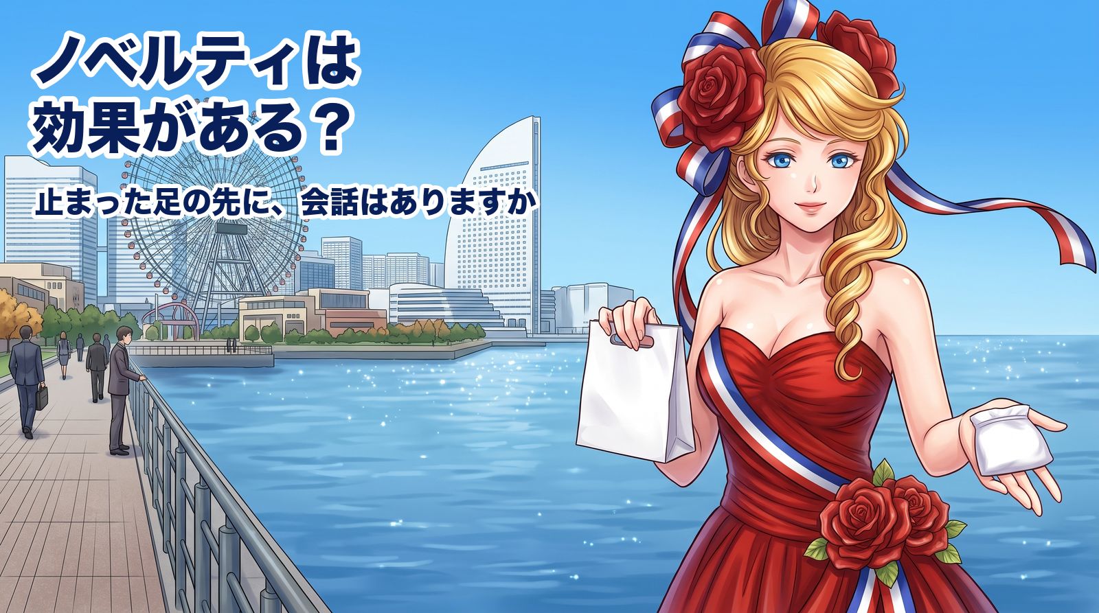 展示会のノベルティは、効果がありますか?足は止まります。止まった足の先に、会話が用意されているかで決まります。秋の朝、横浜・みなとみらいの海辺の遊歩道で、白い紙袋から小袋を1つ取り出し、こちらへ差し出して微笑むアマンディーヌ