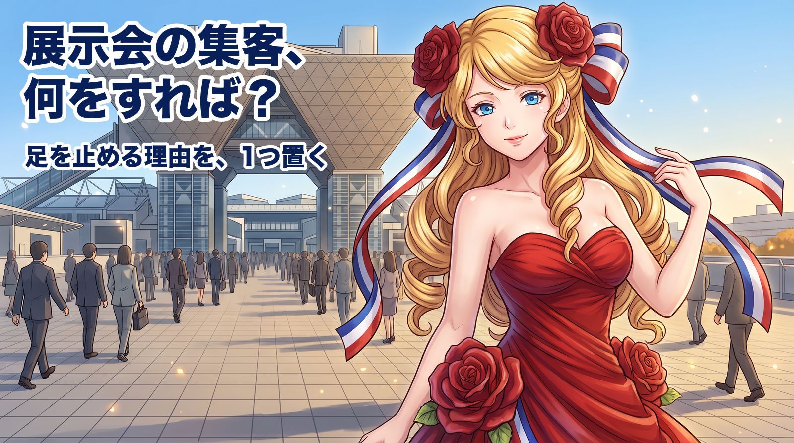 展示会の集客は、何をすればいいですか?会場まで集めるのは主催者、足を止める理由を置くのは御社です。開場の朝、東京ビッグサイトの広場で来場者の流れの中から振り向くアマンディーヌ