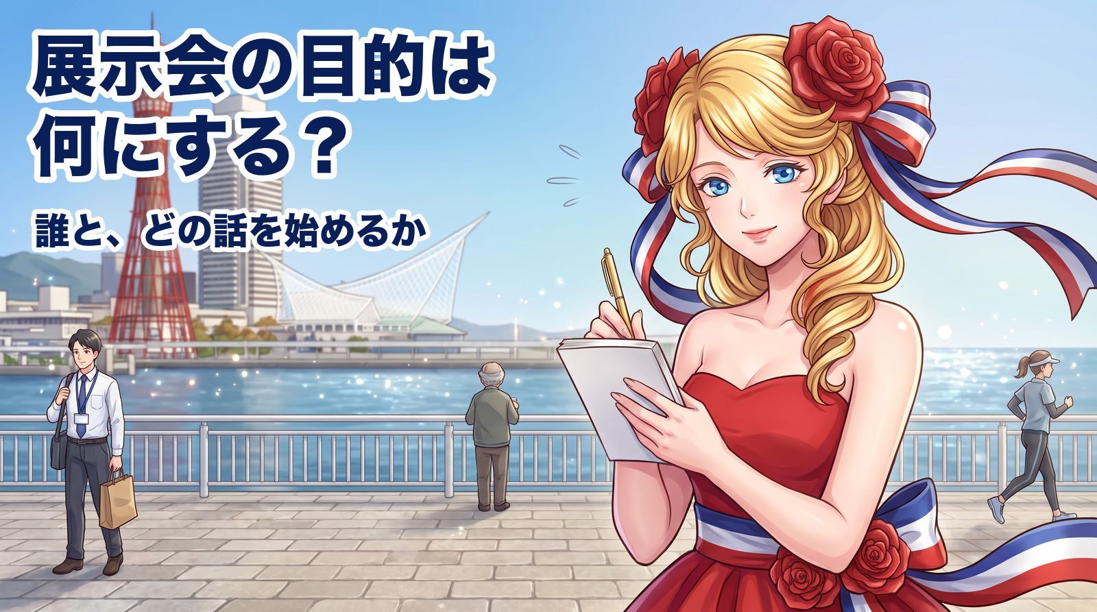 展示会の出展目的は、何にすればいいですか?誰と、どの話を始めて、会期のあとどう続けるかを1行で決めます。秋の朝、神戸・メリケンパークの海辺で、白い手帳に書きかけた手を止めて顔を上げ、こちらへ微笑むアマンディーヌ